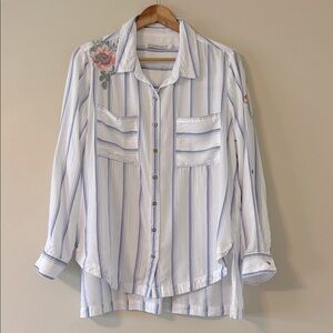 Standard Grace Stripe Button Down Top Floral Embroidered Large Roll Tab Sleeve